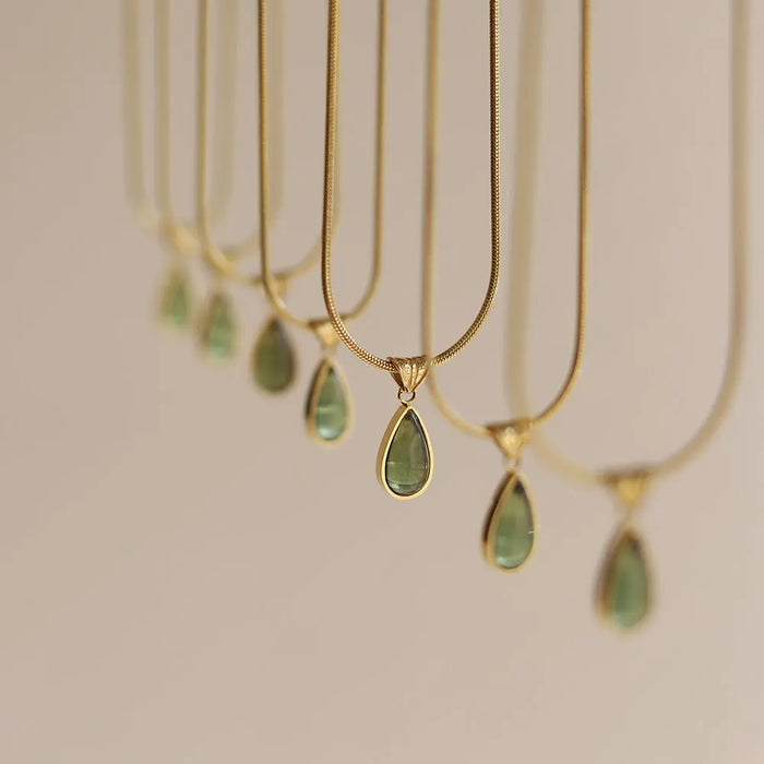 Gold-Plated Teardrop Pendant Necklace with Green Synthetic Cat Eye Stone Crushes.