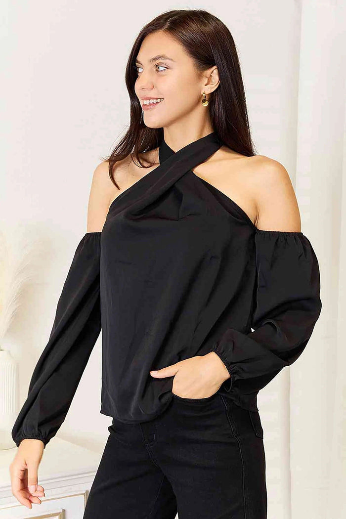 Grecian Cold Shoulder Blouse - Elegant Long Sleeve Design with Feminine Draping and Classic Style Trendsi