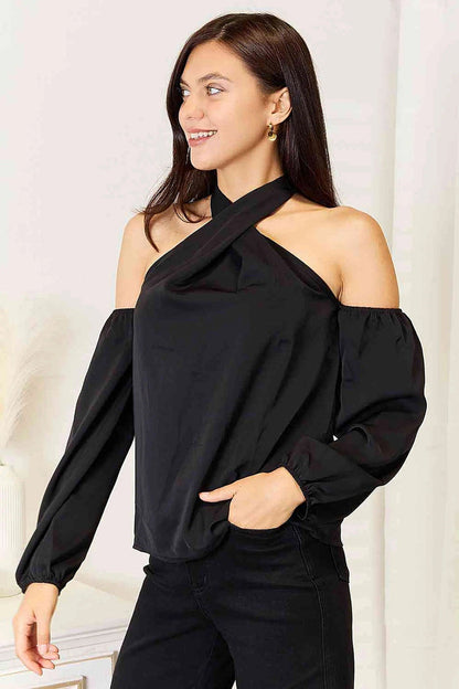 Grecian Cold Shoulder Blouse - Elegant Long Sleeve Design with Feminine Draping and Classic Style Trendsi