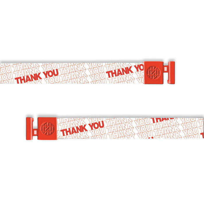 Two red and white lanyards with the text 'THANK YOU' printed on them.