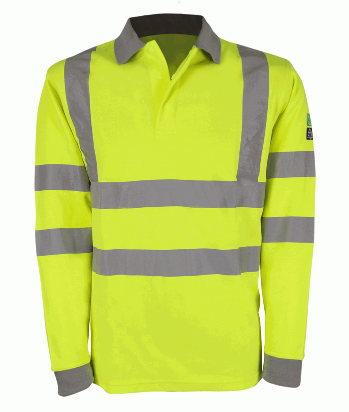 Hertz Inherent Flame Retardant Polo Shirt Yellow high-visibility with contrast collar cuffs concealed stud placket 280gsm