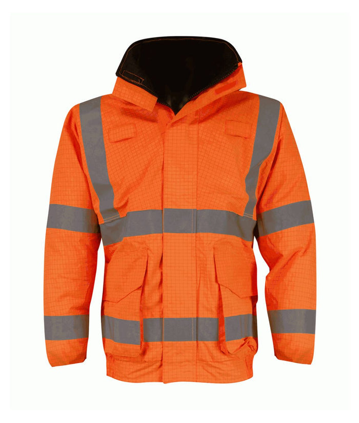 Geyser Hydra Matrix Bomber Jacket hi-vis orange with detachable hood storm flap bellows pockets ISO 20471 label