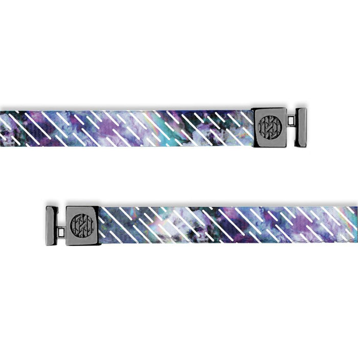 Flat hoodie string. Design is purple, blue and black galaxy/marbled effect with white dashes going diagonal on the string. Inside reads "I Am" and aglets are black.