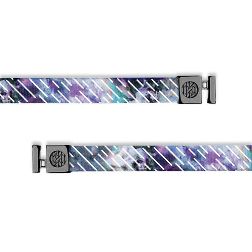 Flat hoodie string. Design is purple, blue and black galaxy/marbled effect with white dashes going diagonal on the string. Inside reads "I Am" and aglets are black.