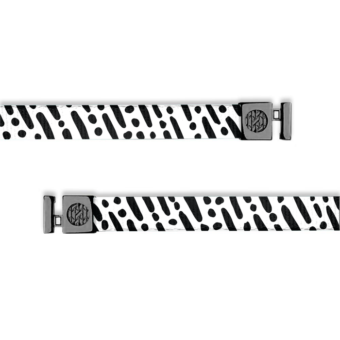Flat hoodie string. Design is a white background with black dashes and dots going diagonal along the string. Inside reads "I Am With You Always" and the aglets are black.