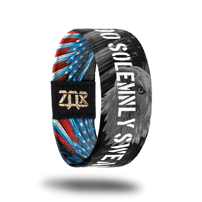 Inside design of I Do Solemnly Swear. Black and grey version of the outside design of the bald eagle with I Do Solemnly Swear in bold white text