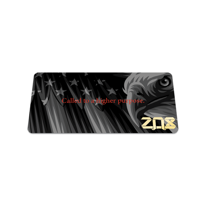 Back collector's card image of I Do Solemnly Swear, black and grey version of the outside design of the bald eagle with red text 'Called to a higher purpose'