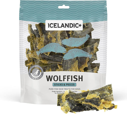 Icelandic+ Sticks & Pieces: Wolffish 9oz - Pure Fish Skin Dog Treats, Air-Dried Single Ingredient Long Lasting Chews - Dog.Dog.Cat.