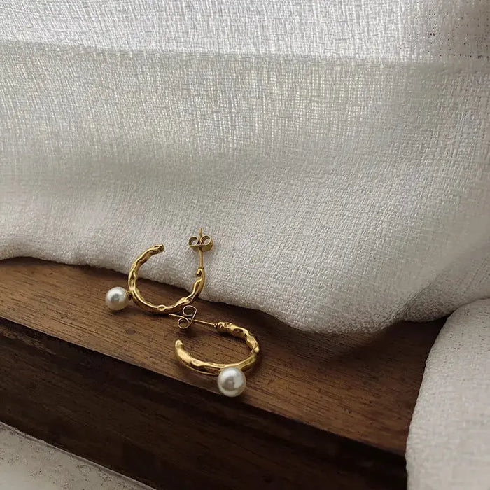 Imitation Pearl Golden Hoop Earrings - Pantsnsox