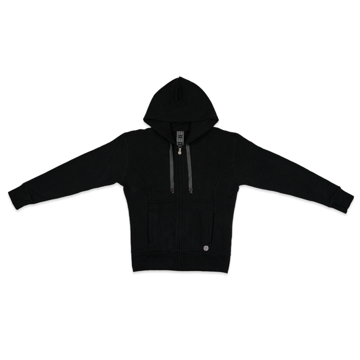 Imperial zip up hoodie. All black with a kangaroo pocket and a silver/metal zipper. The hoodie comes with an all black string that can be changed out with any other ZOX hoodie string.