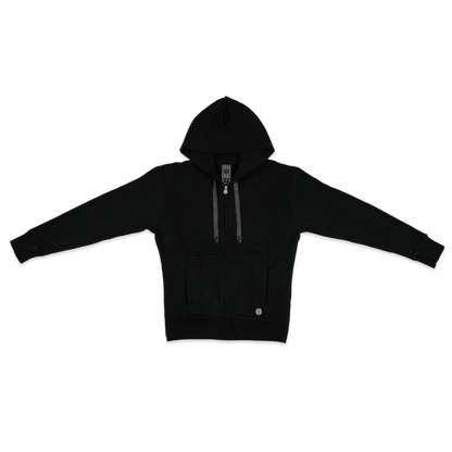 Imperial zip up hoodie. All black with a kangaroo pocket and a silver/metal zipper. The hoodie comes with an all black string that can be changed out with any other ZOX hoodie string.
