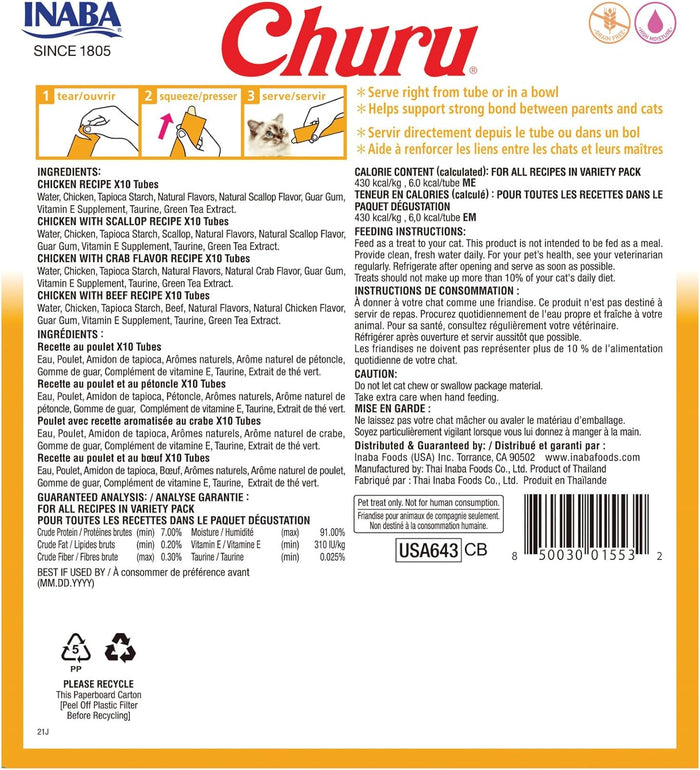 INABA Churu Cat Treats, Grain-Free, Lickable, Squeezable Creamy Purée Cat Treat/Topper with Vitamin E & Taurine, 0.5 Ounces Each Tube, 40 Tubes, Chicken Variety Box - Dog.Dog.Cat.