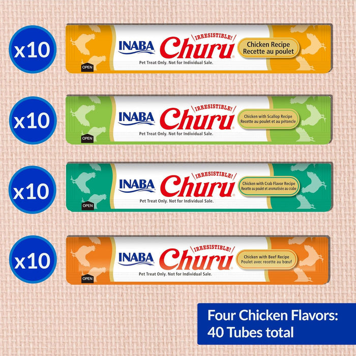 INABA Churu Cat Treats, Grain-Free, Lickable, Squeezable Creamy Purée Cat Treat/Topper with Vitamin E & Taurine, 0.5 Ounces Each Tube, 40 Tubes, Chicken Variety Box - Dog.Dog.Cat.