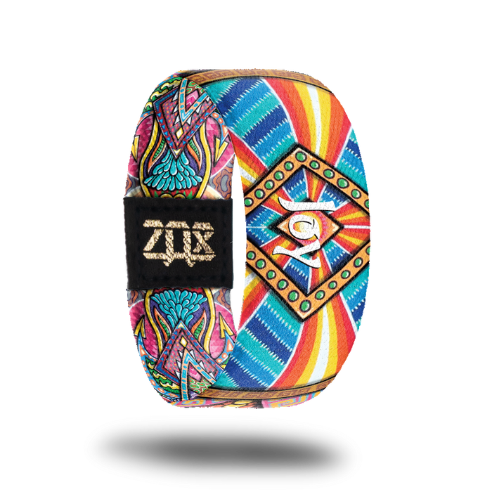 Inside Design of Joy, a colorful geometric design in the unique style of artist Chris Dyer with Joy in white text in the center of the design