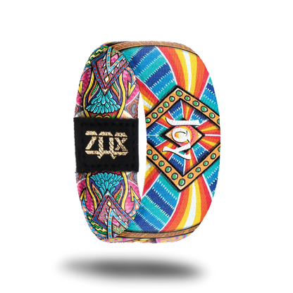 Inside Design of Joy, a colorful geometric design in the unique style of artist Chris Dyer with Joy in white text in the center of the design