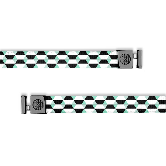 Flat hoodie string. Design is a white, black and mint colored geometric pattern of parallelograms. Inside reads "Just Breath" and aglets are black.