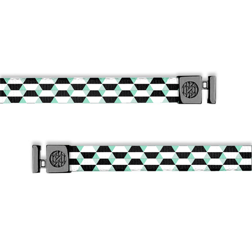 Flat hoodie string. Design is a white, black and mint colored geometric pattern of parallelograms. Inside reads "Just Breath" and aglets are black.