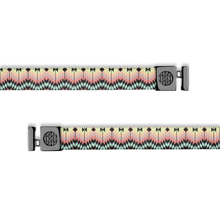 Flat hoodie string. Design is tribal looking and consists of mint, yellow, pinks and oranges. Inside reads "Keep Calm" and aglets are black.