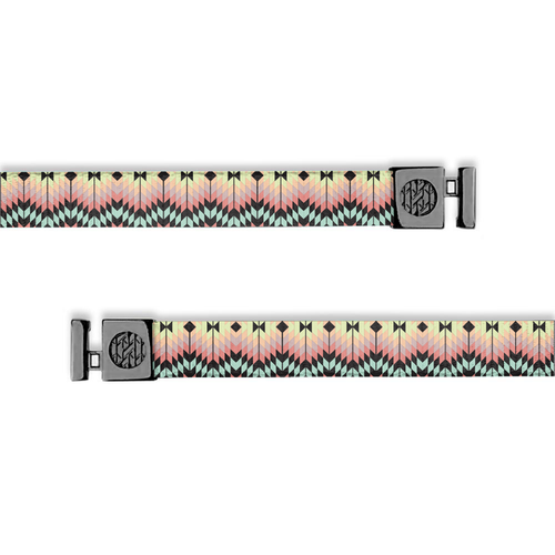 Flat hoodie string. Design is tribal looking and consists of mint, yellow, pinks and oranges. Inside reads "Keep Calm" and aglets are black.