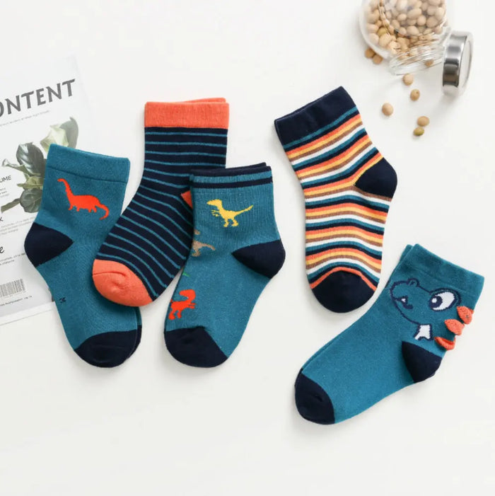 Kids Cotton Socks Children Toddler Dinosaur Spaceship Winter 5 Pack Gift Set - Pantsnsox