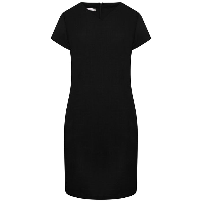 La Beeby Maya Dress fitted V-neck polyester twill back zip notch sleeves kick pleat with pockets