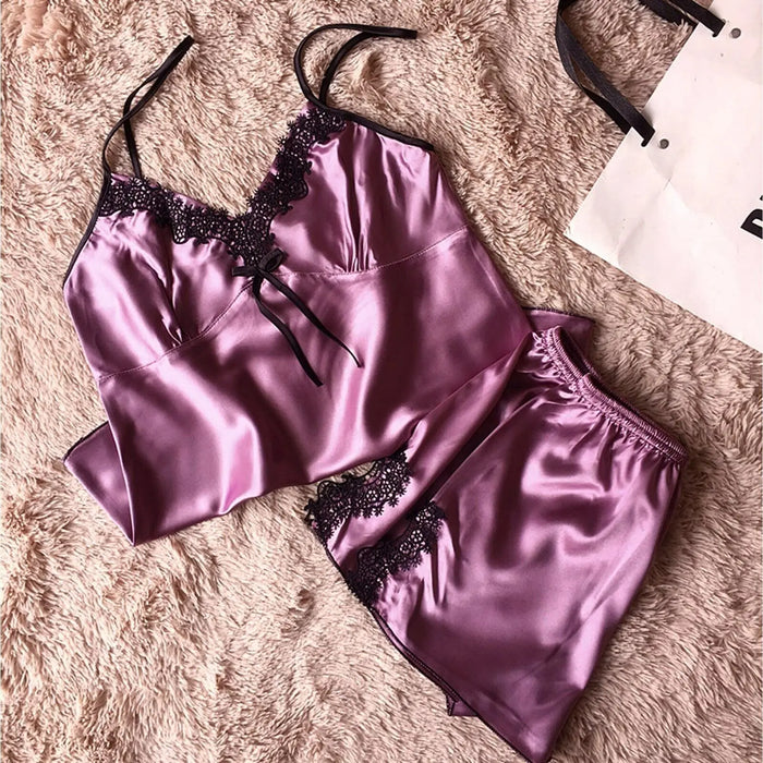 Ladies Cami Set Silk Touch Nightwear Champagne Purple Summer Womens Nightie AU Pantsnsox