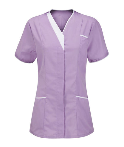 Ladies V-Neck Tunic 65/35 with concealed front zip 2 press studs chest pocket contrast trim back vents