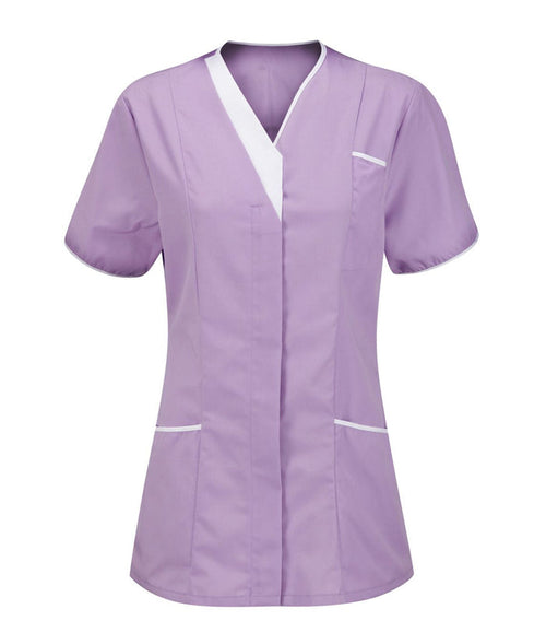 Ladies V-Neck Tunic 65/35 with concealed front zip 2 press studs chest pocket contrast trim back vents