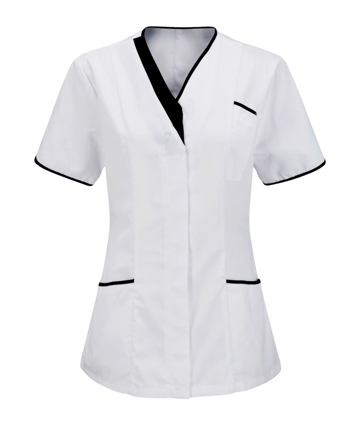 Ladies V-neck Tunic | White-Navy - Eg Clothing UK