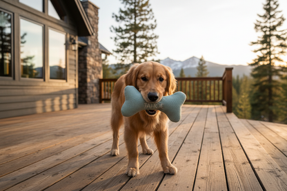 Dog playing with Lake Tahoe tweed bone toy on deck