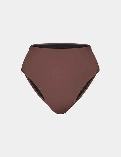 | Leakproof Sculpt High Rise Bikini Swim Bottom shown front-facing against a light gray background | Espresso