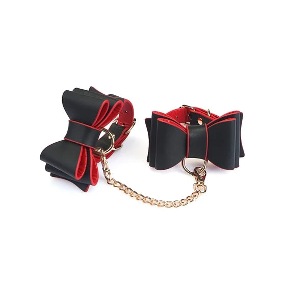 Leather Bow Cuffs Black & Red