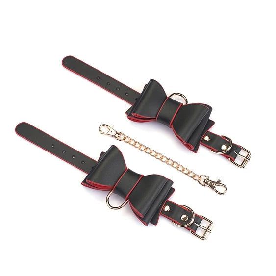 Leather Bow Cuffs Black & Red