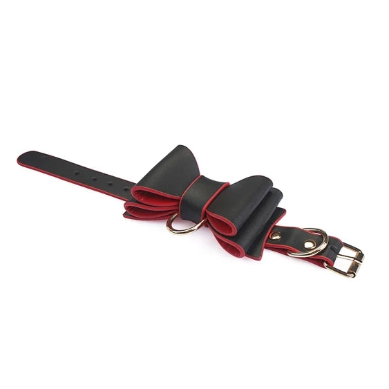 Leather Bow Cuffs Black & Red