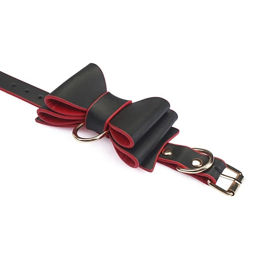 Leather Bow Cuffs Black & Red