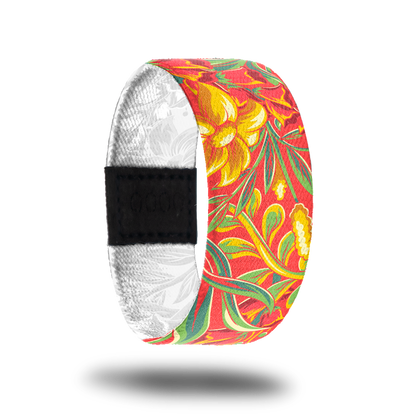 Outside design of Life Is A Gift. Orange-red background with golden colored flowers and green leafs and green stems