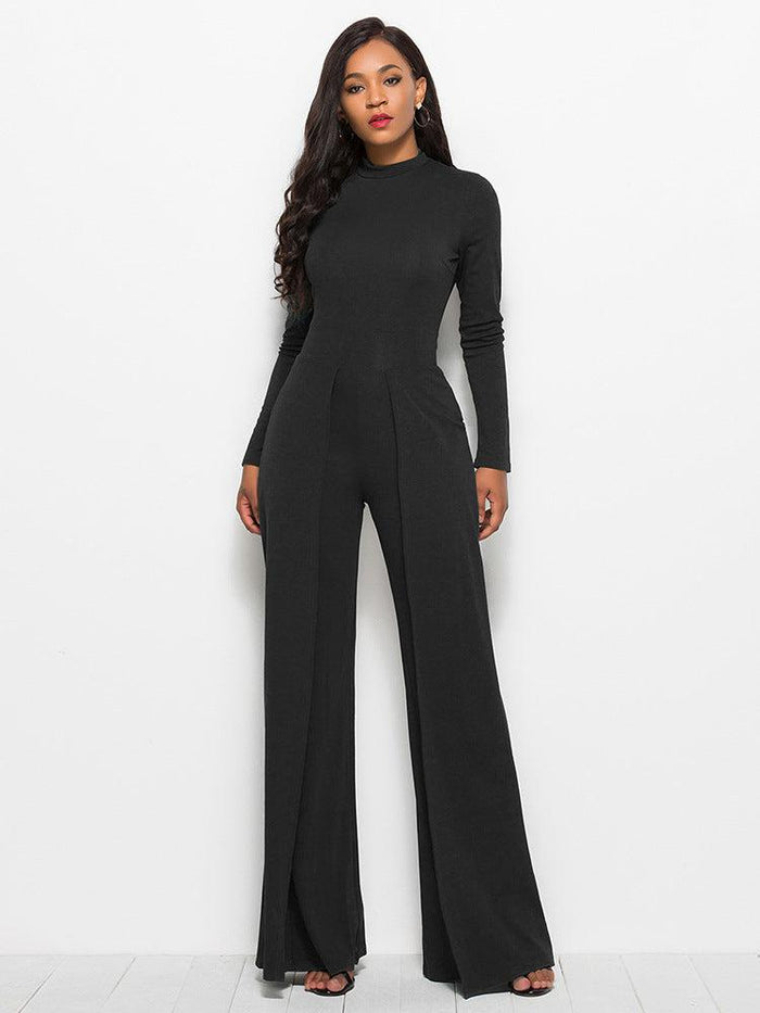 Long Sleeve Mock Neck Wide Leg Jumpsuit Trendsi