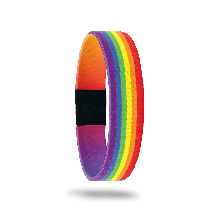 Single wristband with a bright rainbow design. The insdie is gradient multicolored and says Love Wins.