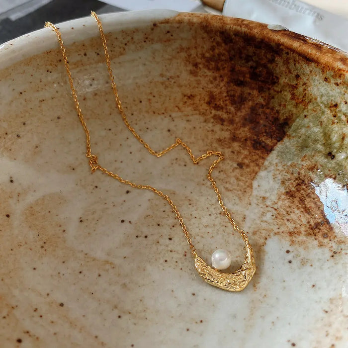 Lunar with Pearl 18K Gold Plated S925 Silver Base Modern Design Moon Necklace - Pantsnsox