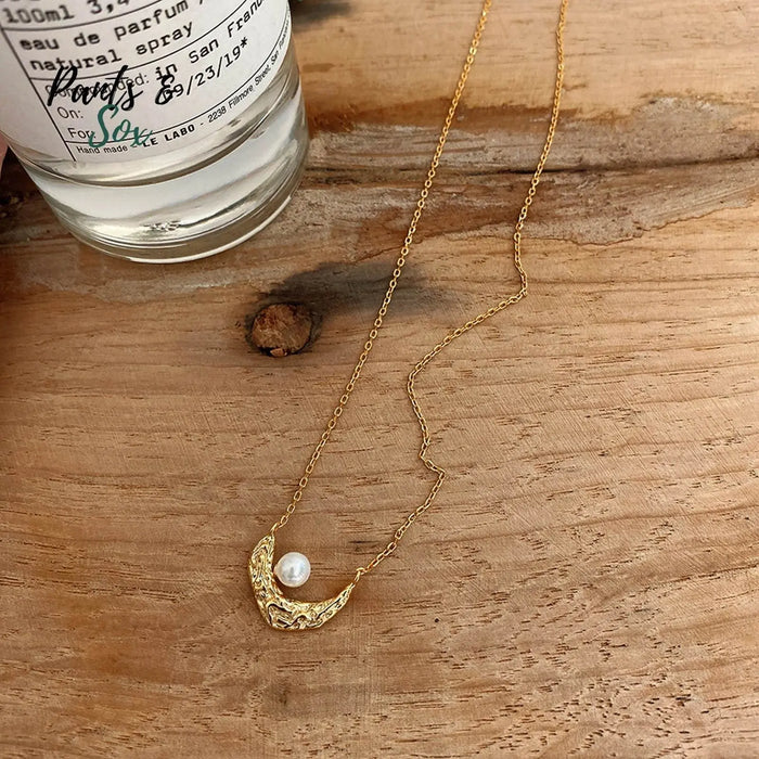 Lunar with Pearl 18K Gold Plated S925 Silver Base Modern Design Moon Necklace Pantsnsox