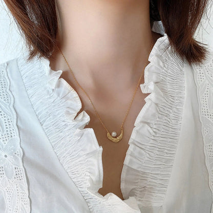 Lunar with Pearl 18K Gold Plated S925 Silver Base Modern Design Moon Necklace Pantsnsox