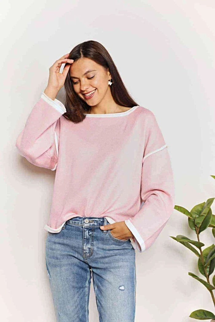 Luxury Boat Neck Pullover With Contrast Detail And Dropped Shoulders - Stylish Knit Top Trendsi
