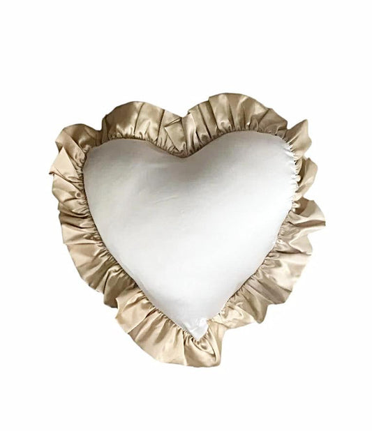 Luxury Heart Shape Pillow - Custom Made Lingerie Satin with Ruffled Trim in White/Beige - 18" x 18". Perfect heart shape pillow to enhance any decor with its elegant design.