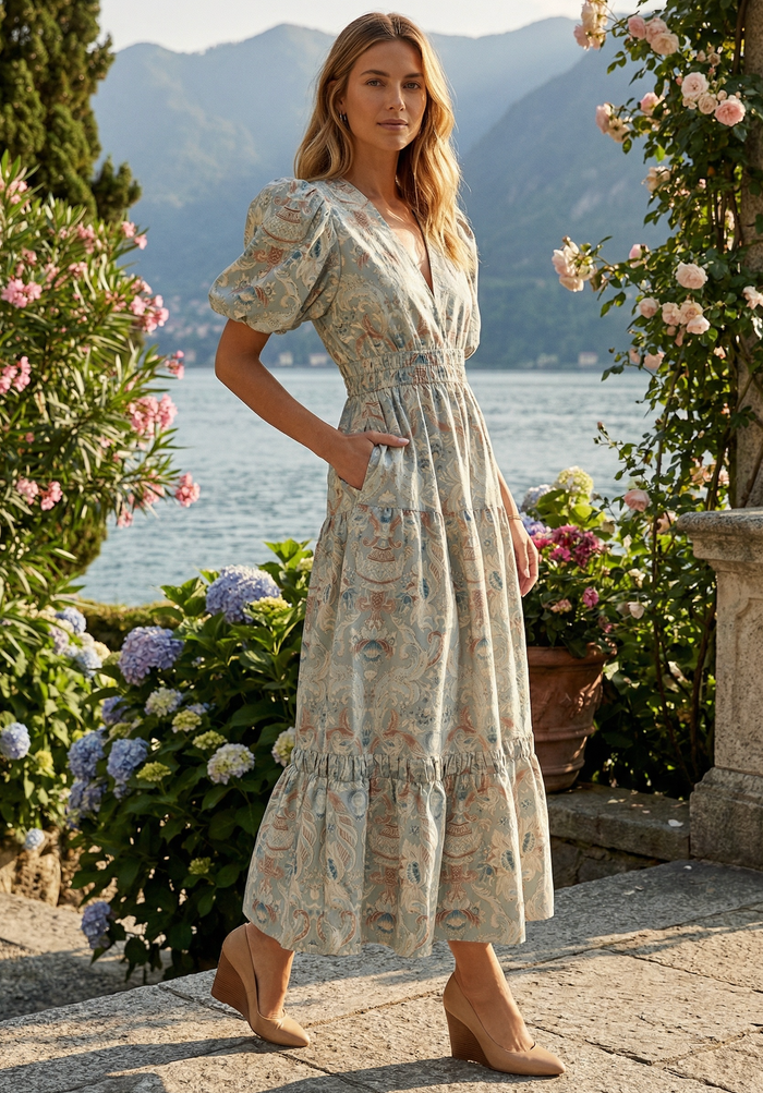 MAGGIE DRESS BLUE DAMASK