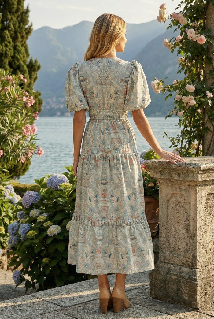 MAGGIE DRESS BLUE DAMASK