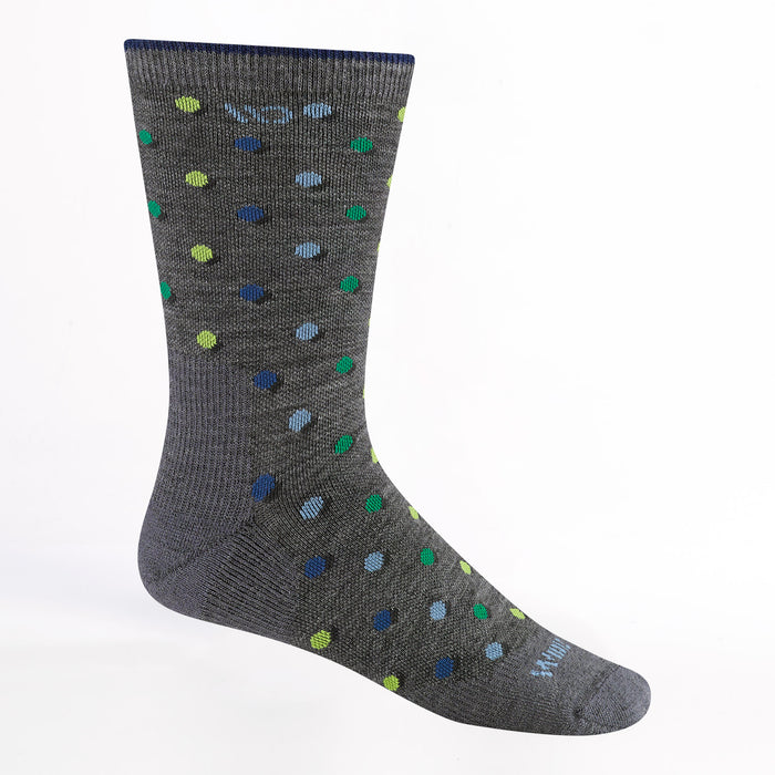 Men's on the dot cushioned crew sock in gray featuring gray body with green/blue/yellow dots all over