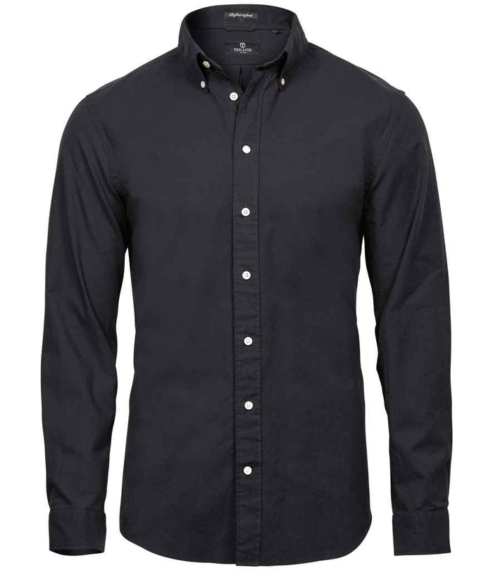 Tee Jays Perfect Long Sleeve Oxford Shirt tailored fit in blue showing button-down collar and Oxford cotton blend texture