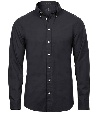 Tee Jays Perfect Long Sleeve Oxford Shirt tailored fit in blue showing button-down collar and Oxford cotton blend texture