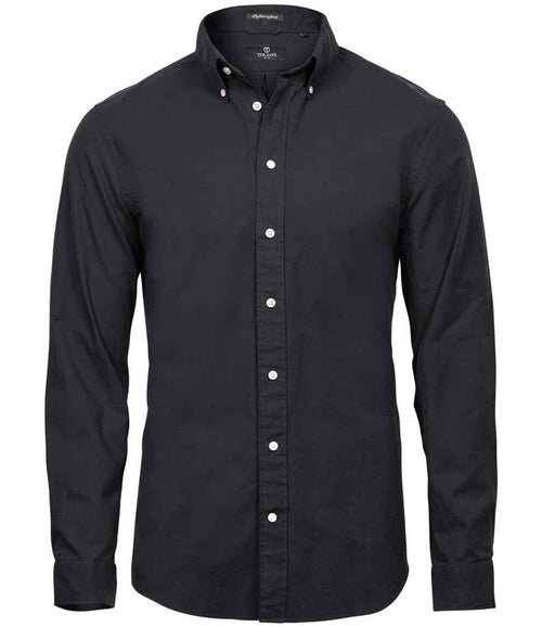 Tee Jays Perfect Long Sleeve Oxford Shirt tailored fit in blue showing button-down collar and Oxford cotton blend texture
