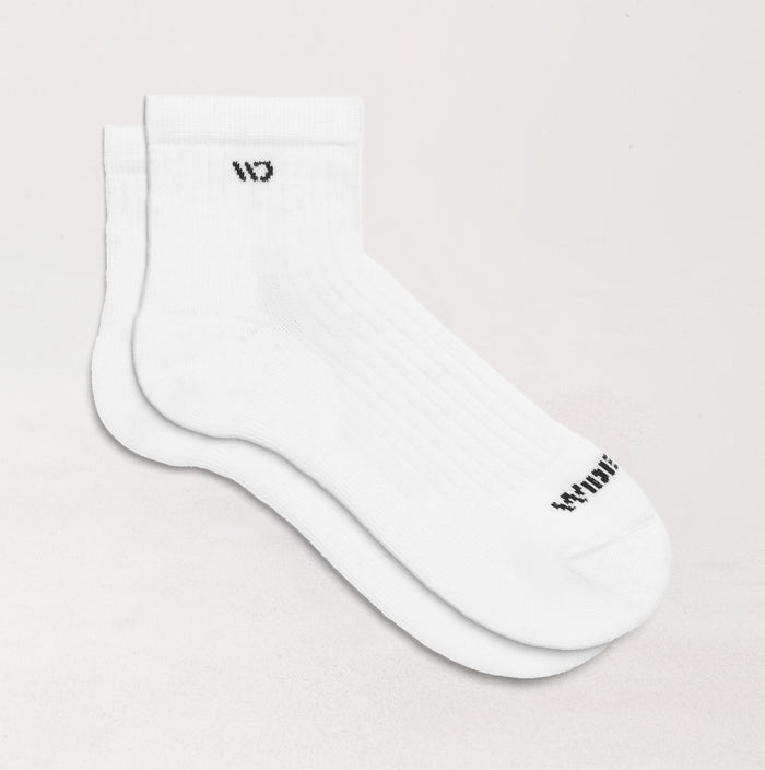 Socks laying flat with white body and Black logo--White